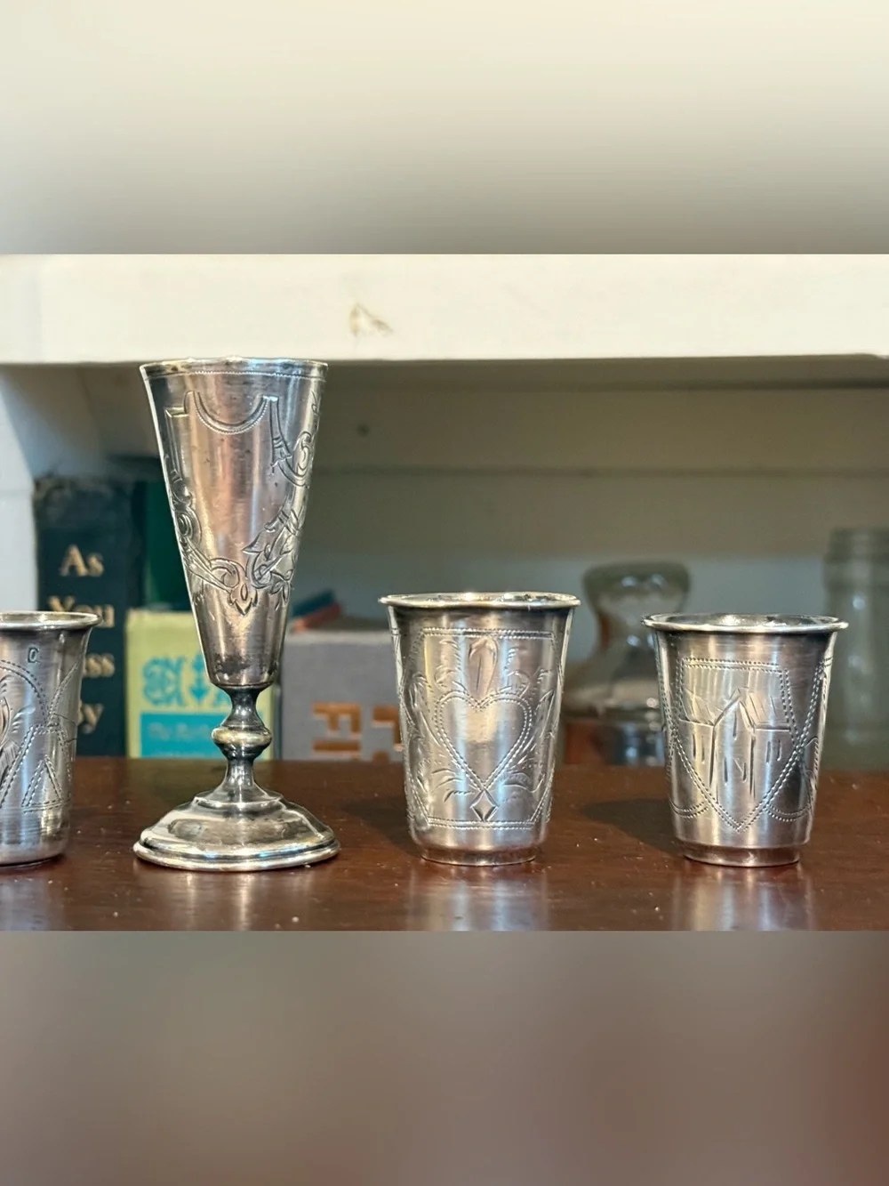 Antique Silver-Plated Engraved Shot Glass and Goblet Set